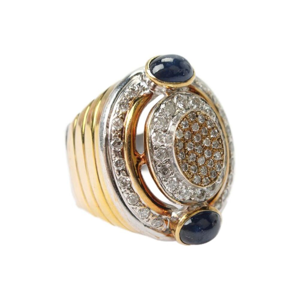 Designer 14k Yellow & White Gold Diamond Blue Sapphire Oval Ring .95ctw Size 7